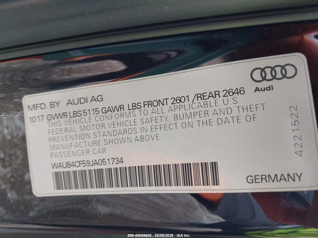 Продаж на аукціоні авто 2018 Audi S5 3.0t Premium Plus, vin: WAUB4CF59JA051734, номер лоту: 45056600