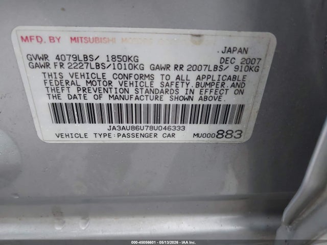 Aukcja sprzedaży 2008 Mitsubishi Lancer Gts, vin: JA3AU86U78U046333, numer aukcji: 45056601