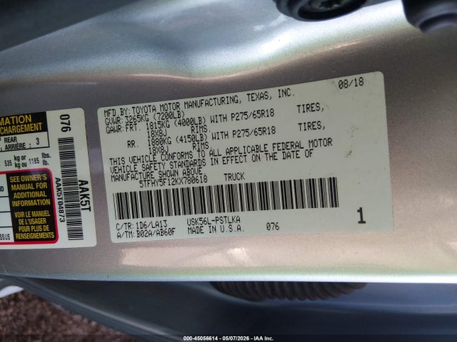 Продаж на аукціоні авто 2019 Toyota Tundra Limited 5.7l V8, vin: 5TFHY5F12KX780618, номер лоту: 45056614