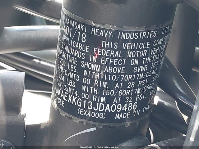 2018 Kawasaki Ex400 მანქანა იყიდება აუქციონზე, vin: JKAEXKG13JDA09486, აუქციონის ნომერი: 45056617