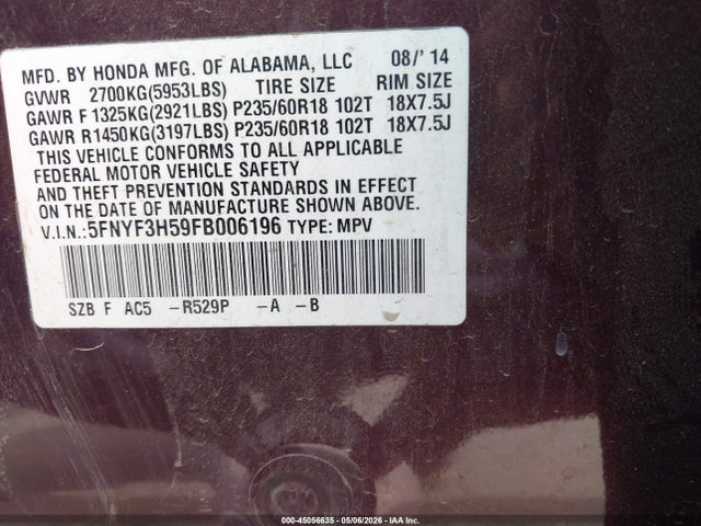 Продаж на аукціоні авто 2015 Honda Pilot Ex-l, vin: 5FNYF3H59FB006196, номер лоту: 45056635