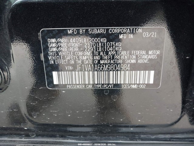 45056637 :رقم المزاد ، JF1VA1A66M9804984 vin ، 2021 Subaru Wrx مزاد بيع