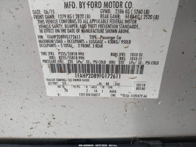 2015 Ford Taurus Se მანქანა იყიდება აუქციონზე, vin: 1FAHP2D89FG172611, აუქციონის ნომერი: 45056639