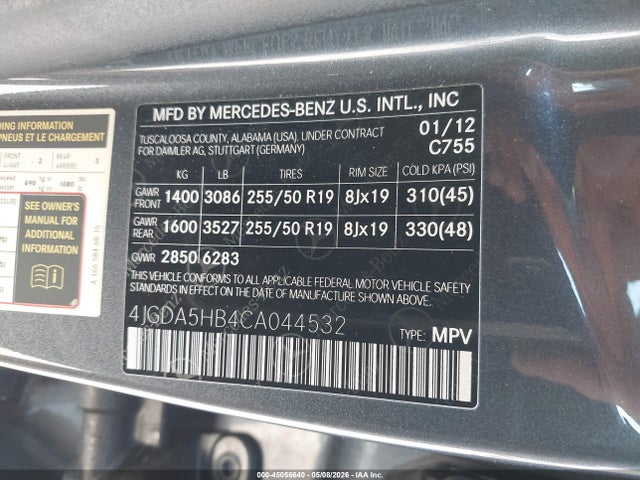 45056640 :رقم المزاد ، 4JGDA5HB4CA044532 vin ، 2012 Mercedes-benz Ml 350 4matic مزاد بيع