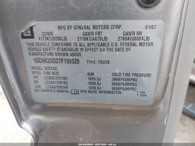 Продаж на аукціоні авто 2007 Chevrolet Silverado 2500hd Classic Lt3, vin: 1GCHK23D27F193329, номер лоту: 45056658