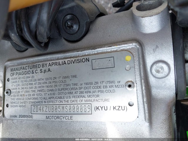 2021 Aprilia Tuono V4 1100 Factory მანქანა იყიდება აუქციონზე, vin: ZD4KZUB05MS000089, აუქციონის ნომერი: 45056664