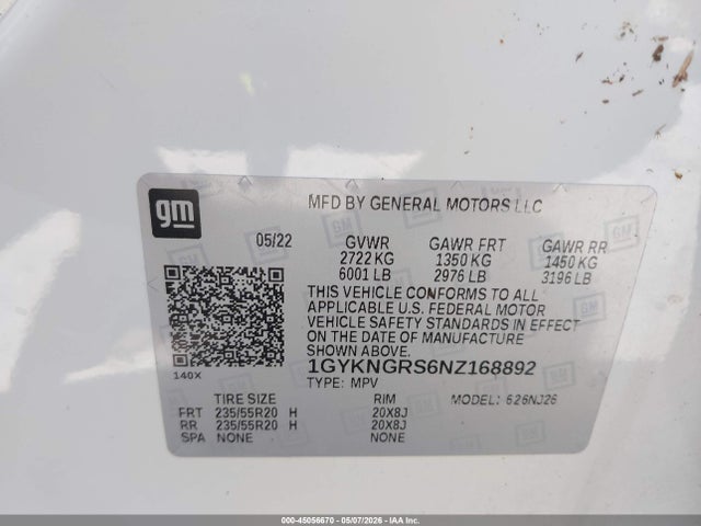 2022 Cadillac Xt5 Awd Sport მანქანა იყიდება აუქციონზე, vin: 1GYKNGRS6NZ168892, აუქციონის ნომერი: 45056670