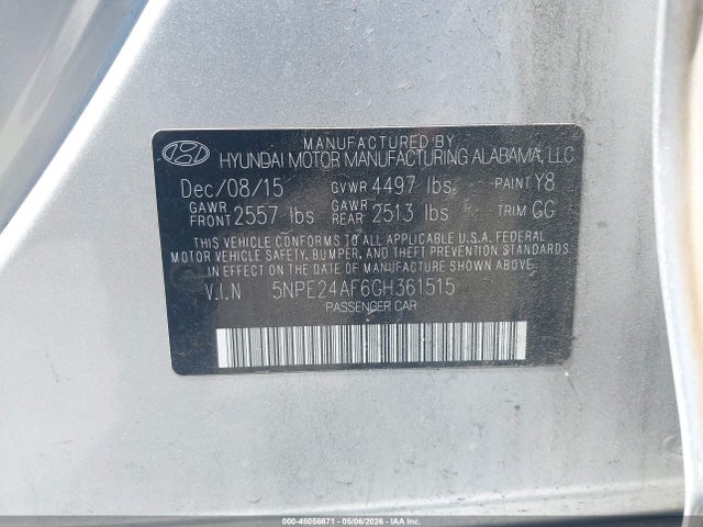 5NPE24AF6GH361515 Hyundai SONATA SE
