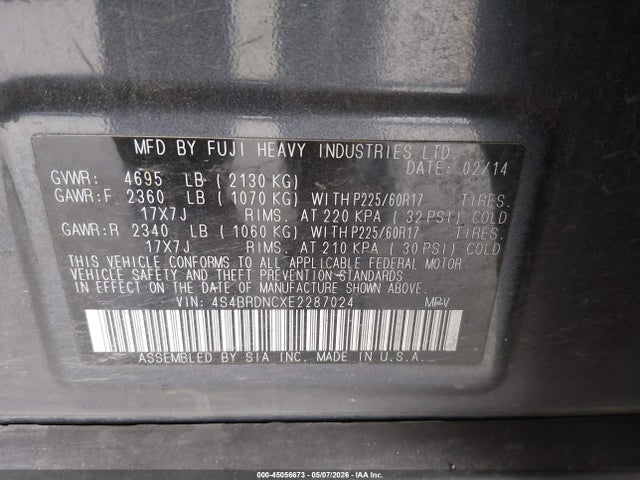 Auction sale of the 2014 Subaru Outback 3.6r Limited, vin: 4S4BRDNCXE2287024, lot number: 45056673