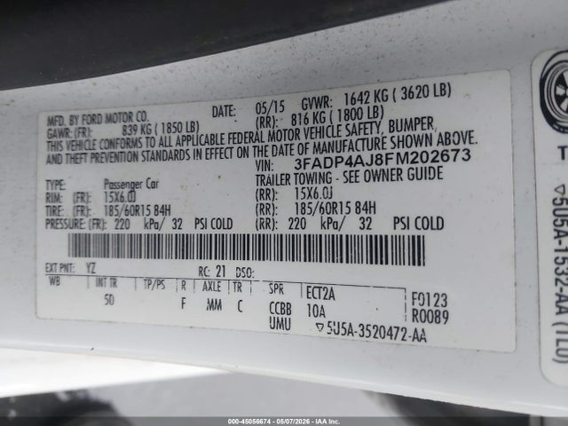 Aukcja sprzedaży 2015 Ford Fiesta S, vin: 3FADP4AJ8FM202673, numer aukcji: 45056674