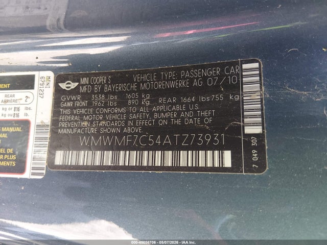 Продажа на аукционе авто 2010 Mini Cooper S, vin: WMWMF7C54ATZ73931, номер лота: 45056706