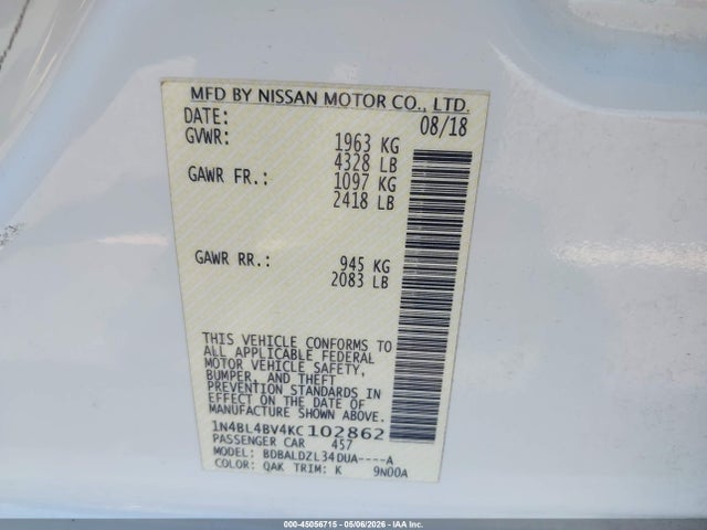 Продажа на аукционе авто 2019 Nissan Altima 2.5 S, vin: 1N4BL4BV4KC102862, номер лота: 45056715
