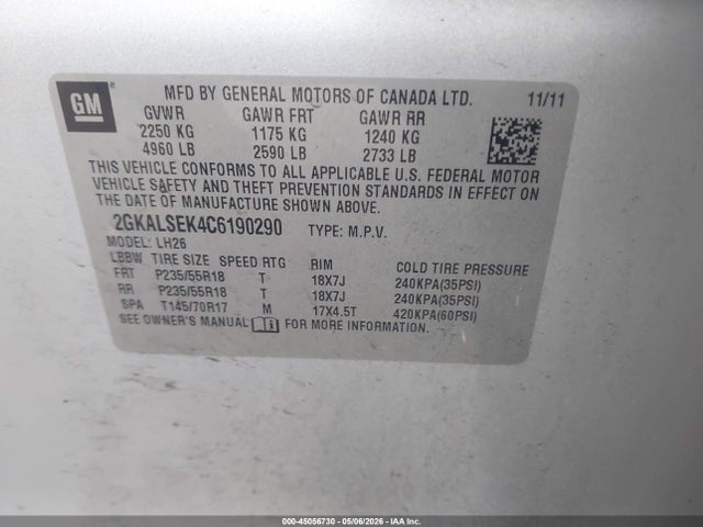 Aukcja sprzedaży 2012 Gmc Terrain Sle-2, vin: 2GKALSEK4C6190290, numer aukcji: 45056730