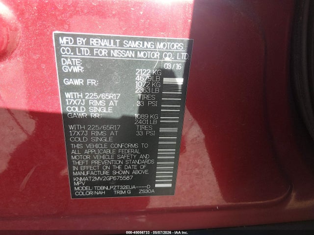 Aukcja sprzedaży 2016 Nissan Rogue S/sl/sv, vin: KNMAT2MV2GP675587, numer aukcji: 45056733