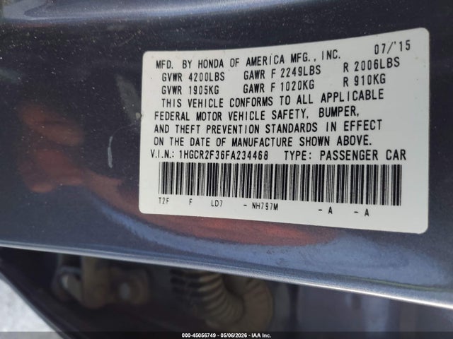 Продаж на аукціоні авто 2015 Honda Accord Lx, vin: 1HGCR2F36FA234468, номер лоту: 45056749