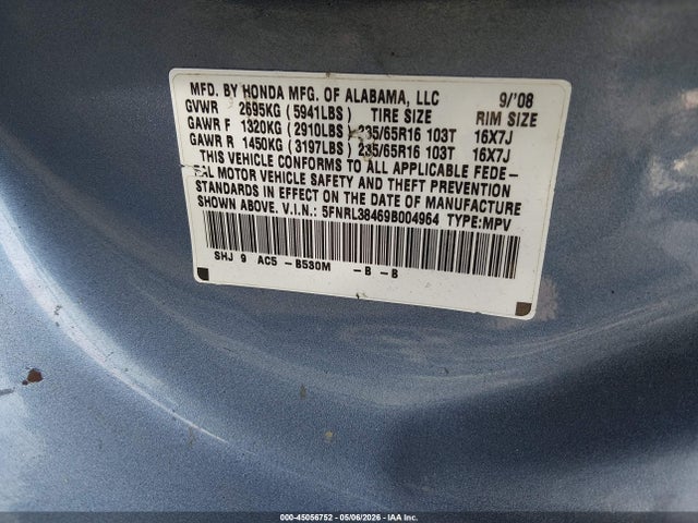 45056752 :رقم المزاد ، 5FNRL38469B004964 vin ، 2009 Honda Odyssey Ex مزاد بيع