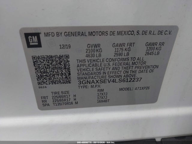 Продажа на аукционе авто 2020 Chevrolet Equinox Awd Ls, vin: 3GNAXSEV4LS612237, номер лота: 45056770