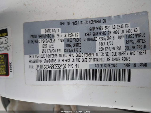 Продажа на аукционе авто 2011 Mazda Cx-9 Touring, vin: JM3TB2CA8B0332124, номер лота: 45056775