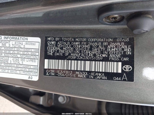 Aukcja sprzedaży 2003 Toyota Camry Le V6/se V6/xle V6, vin: JTDBF32K230151059, numer aukcji: 45056777