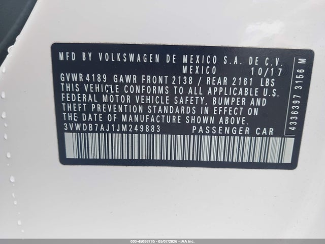 Aukcja sprzedaży 2018 Volkswagen Jetta 1.4t Se/1.4t Wolfsburg Edition, vin: 3VWDB7AJ1JM249883, numer aukcji: 45056795