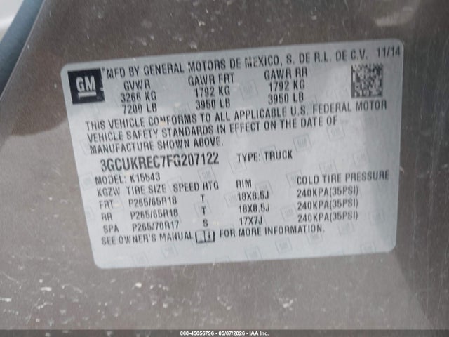 45056796 :رقم المزاد ، 3GCUKREC7FG207122 vin ، 2015 Chevrolet Silverado 1500 2lt مزاد بيع
