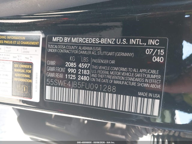 Auction sale of the 2015 Mercedes-benz C 300, vin: 55SWF4JB5FU091288, lot number: 45056800
