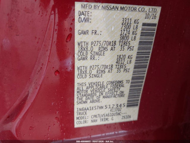 Aukcja sprzedaży 2017 Nissan Titan Sl, vin: 1N6AA1E57HN512345, numer aukcji: 45056803