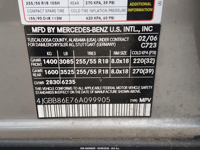 Aukcja sprzedaży 2006 Mercedes-benz Ml 350 4matic, vin: 4JGBB86E76A099905, numer aukcji: 45056809