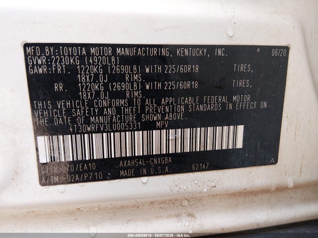 Продаж на аукціоні авто 2020 Toyota Rav4 Hybrid Limited, vin: 4T3DWRFV3LU005331, номер лоту: 45056816