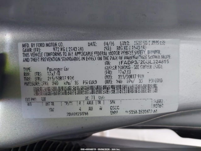 Продажа на аукционе авто 2016 Ford Focus Se, vin: 1FADP3F20GL324815, номер лота: 45056819