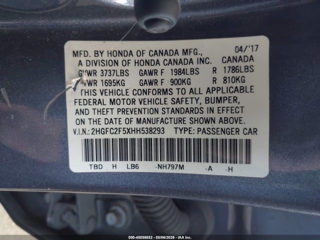 Продаж на аукціоні авто 2017 Honda Civic Lx, vin: 2HGFC2F5XHH538293, номер лоту: 45056852