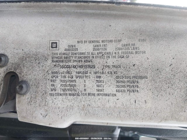 Aukcja sprzedaży 1997 Chevrolet S-10 Fleetside, vin: 1GCCS14X1V8157629, numer aukcji: 45056861