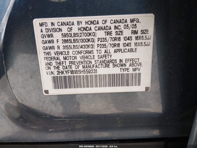 Aukcja sprzedaży 2005 Honda Pilot Lx, vin: 2HKYF18185H559231, numer aukcji: 45056866