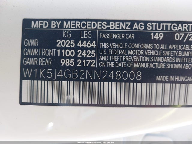 W1K5J4GB2NN248008 Mercedes-Benz Cla 250 Coupe