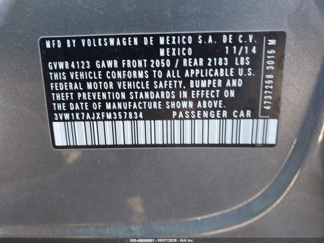 2015 Volkswagen Jetta 2.0l S მანქანა იყიდება აუქციონზე, vin: 3VW1K7AJXFM357834, აუქციონის ნომერი: 45056881