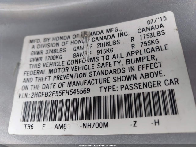 45056883 :رقم المزاد ، 2HGFB2F55FH545569 vin ، 2015 Honda Civic Lx مزاد بيع