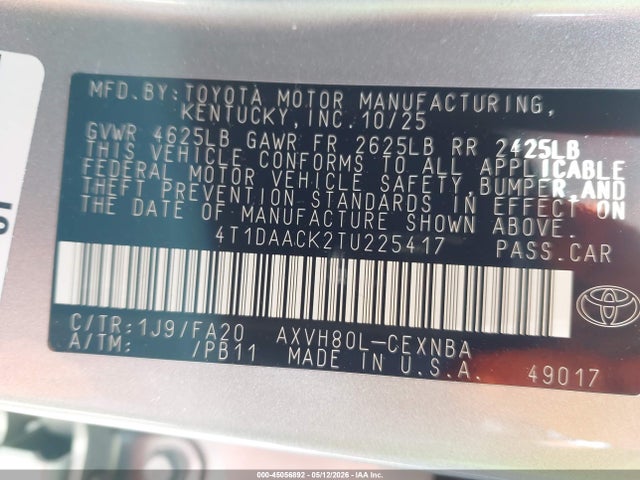Aukcja sprzedaży 2026 Toyota Camry Le, vin: 4T1DAACK2TU225417, numer aukcji: 45056892