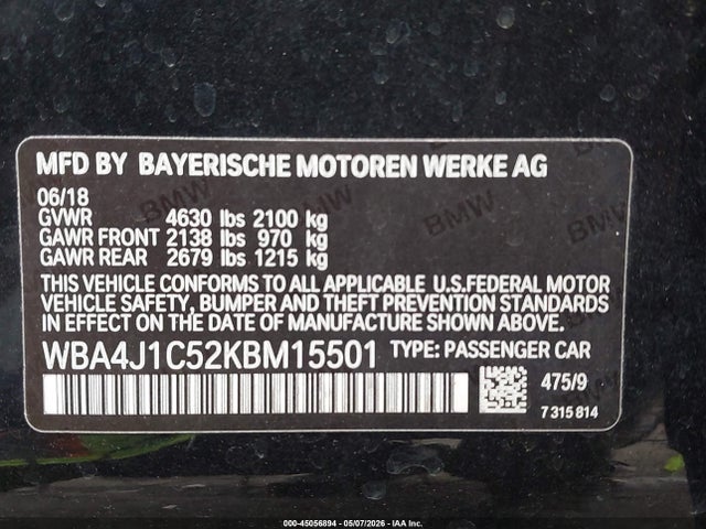2019 Bmw 430i Gran Coupe მანქანა იყიდება აუქციონზე, vin: WBA4J1C52KBM15501, აუქციონის ნომერი: 45056894
