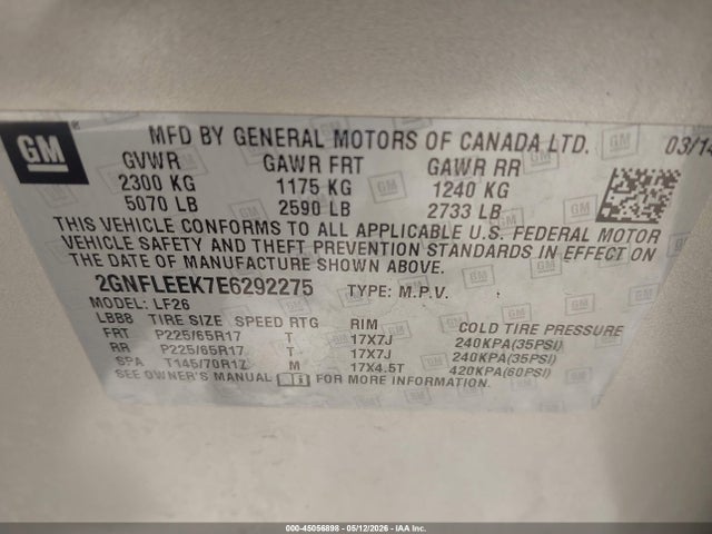Aukcja sprzedaży 2014 Chevrolet Equinox Ls, vin: 2GNFLEEK7E6292275, numer aukcji: 45056898