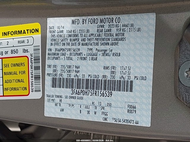 Продажа на аукционе авто 2015 Ford Fusion Se, vin: 3FA6P0H75FR156539, номер лота: 45056903