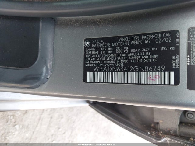 Auction sale of the 2002 Bmw 540ia, vin: WBADN63412GN86249, lot number: 45056907