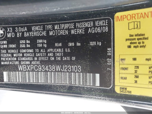 Продаж на аукціоні авто 2008 Bmw X3 3.0si, vin: WBXPC93438WJ23103, номер лоту: 45056910