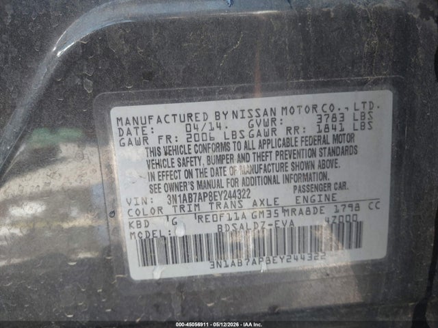 3N1AB7AP8EY244322 Nissan Sentra Fe+ S/fe+ Sv/s/sl/sr/sv