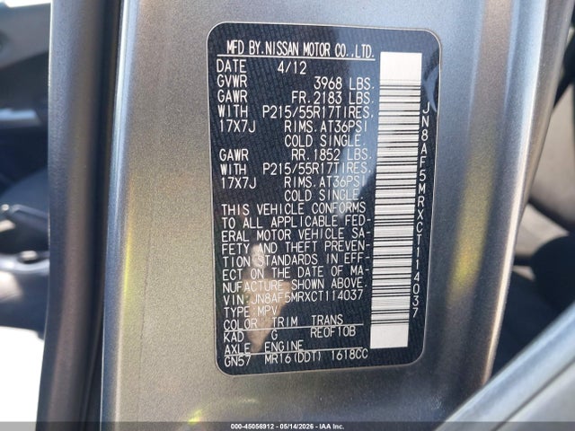 Продажа на аукционе авто 2012 Nissan Juke Sv, vin: JN8AF5MRXCT114037, номер лота: 45056912
