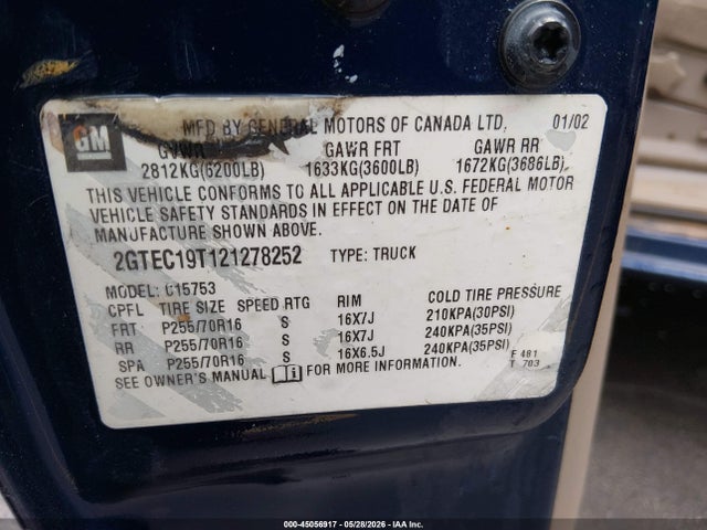 Aukcja sprzedaży 2002 Gmc Sierra 1500 Sle, vin: 2GTEC19T121278252, numer aukcji: 45056917
