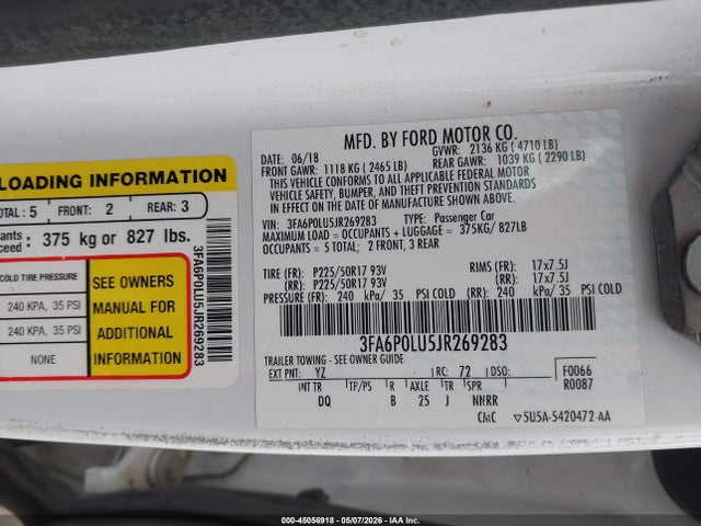 Aukcja sprzedaży 2018 Ford Fusion Hybrid Se, vin: 3FA6P0LU5JR269283, numer aukcji: 45056918