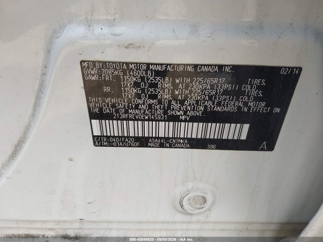45056920 :رقم المزاد ، 2T3RFREV0EW145931 vin ، 2014 Toyota Rav4 Xle مزاد بيع