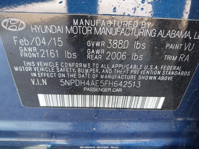 Aukcja sprzedaży 2015 Hyundai Elantra Se, vin: 5NPDH4AE5FH642513, numer aukcji: 45056930