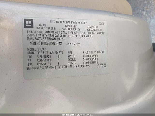2008 Chevrolet Suburban 1500 Ltz მანქანა იყიდება აუქციონზე, vin: 1GNFC16038J205842, აუქციონის ნომერი: 45056944