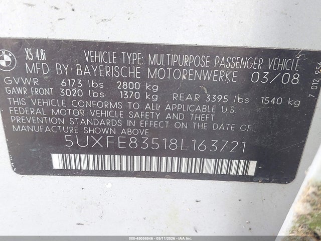 Aukcja sprzedaży 2008 Bmw X5 4.8i, vin: 5UXFE83518L163721, numer aukcji: 45056946